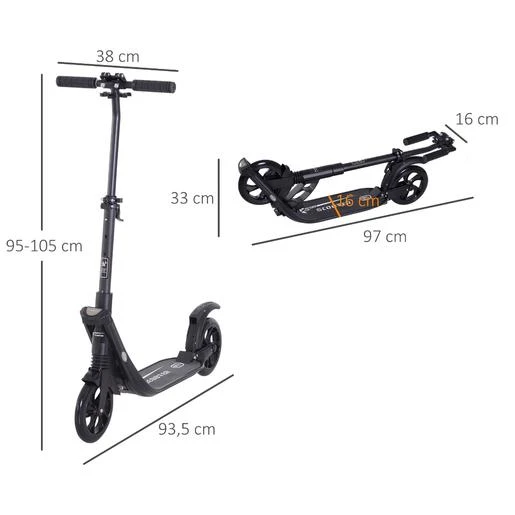 Homcom - Patinete Scooter Ajustable 2 Ruedas Grande Negro - Imagen 3