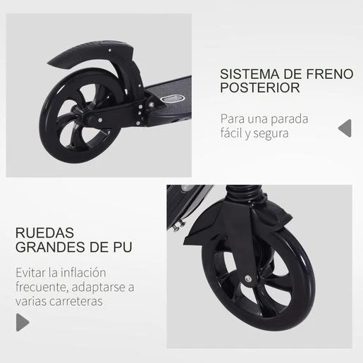 Homcom - Patinete Scooter Ajustable 2 Ruedas Grande Negro - Imagen 5